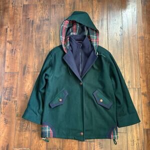 Vintage Preston & York Hooded Overcoat Womens Size 4 Green 100% Merino Wool 90s
